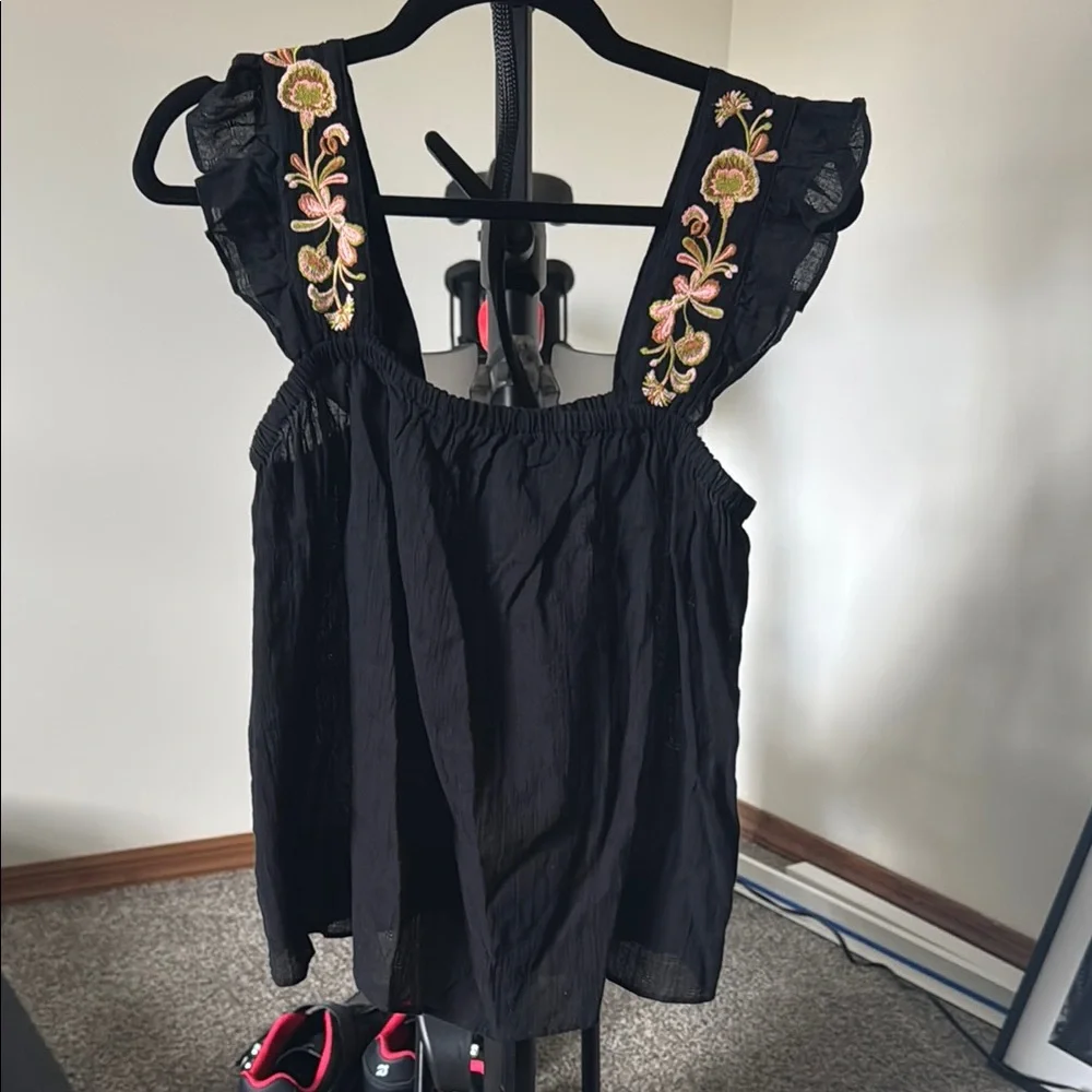 Madewell Black Tank Top with Floral Embroidered Straps - Picture 1 of 3
